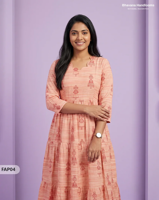 Stylish Malai Cotton Frock in Peach Orange Colour | Breathable Daily Wear