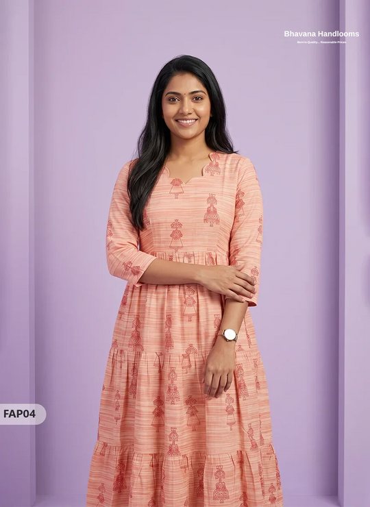 Stylish Malai Cotton Frock in Peach Orange Colour | Breathable Daily Wear