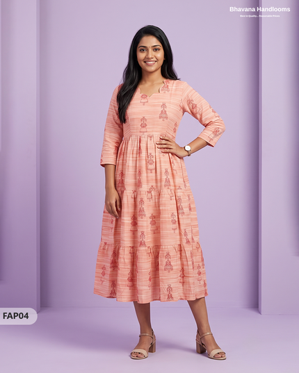 Stylish Malai Cotton Frock in Peach Orange Colour | Breathable Daily Wear