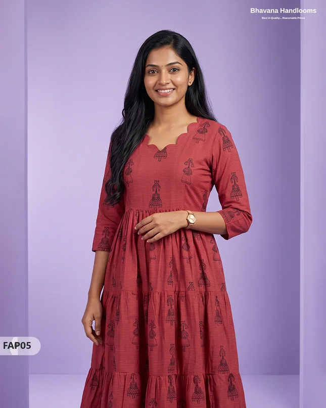 Stylish Malai Cotton Frock in Brick Red Colour | Breathable Daily Wear