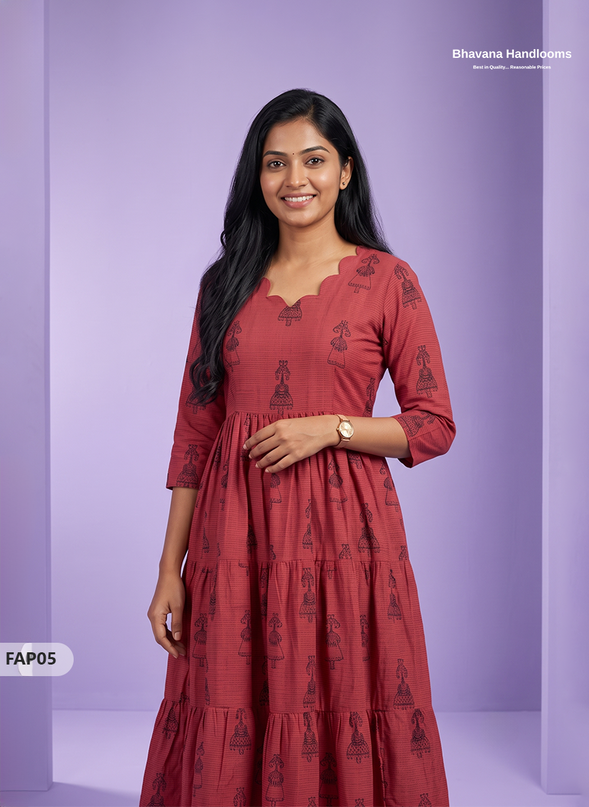 Stylish Malai Cotton Frock in Brick Red Colour | Breathable Daily Wear