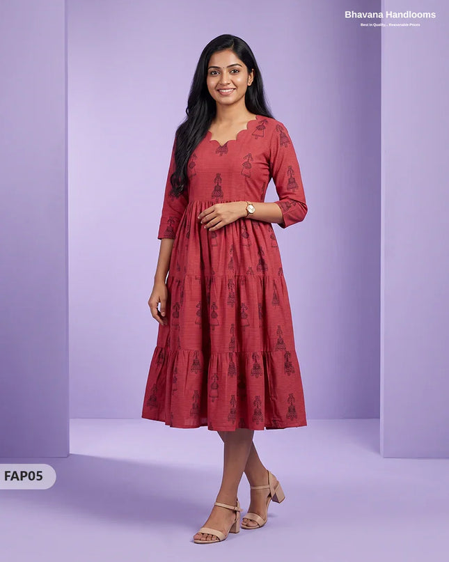 Stylish Malai Cotton Frock in Brick Red Colour | Breathable Daily Wear