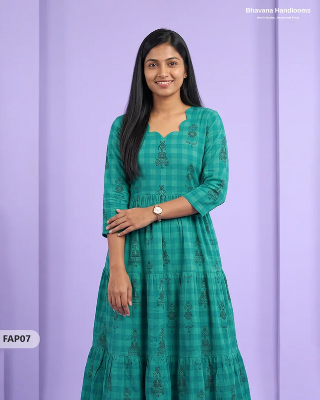 Stylish Malai Cotton Frock in Peacock Green Colour | Breathable Daily Wear