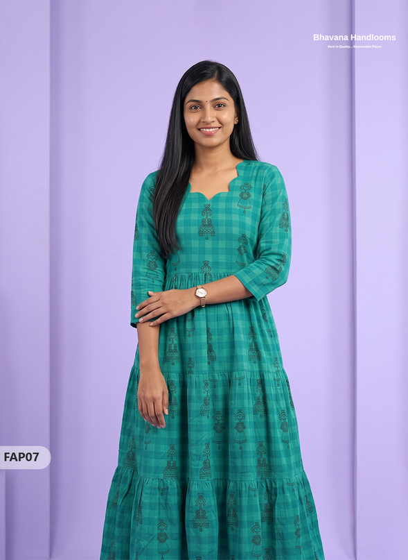 Stylish Malai Cotton Frock in Peacock Green Colour | Breathable Daily Wear