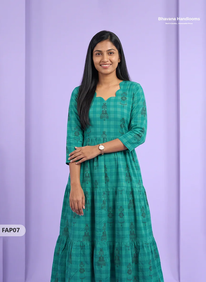 Stylish Malai Cotton Frock in Peacock Green Colour | Breathable Daily Wear