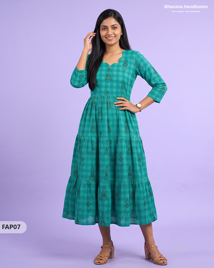 Stylish Malai Cotton Frock in Peacock Green Colour | Breathable Daily Wear