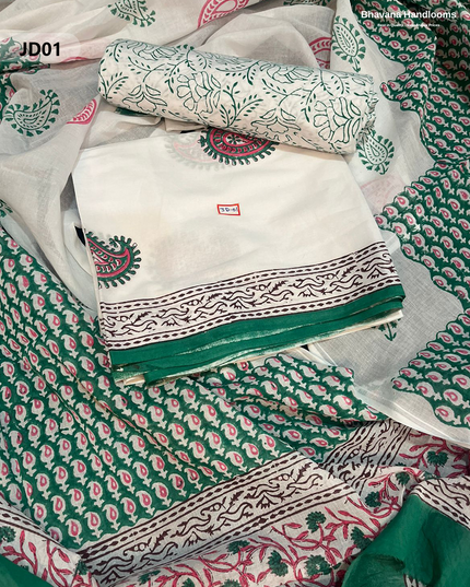 Jaipur Handblock Cotton Dress Material – White & Elf Green