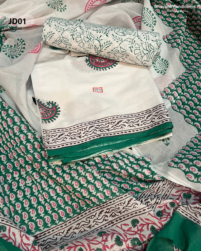 Jaipur Handblock Cotton Dress Material – White & Elf Green