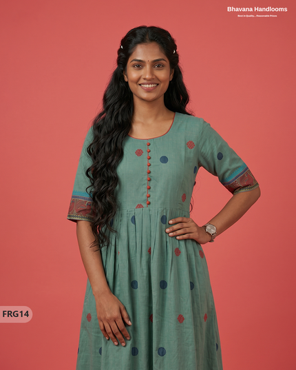 Summer Special Premium Cotton Handloom Frock with Woven Design | Muted Eucalyptus Colour