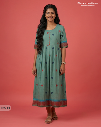 Summer Special Premium Cotton Handloom Frock with Woven Design | Muted Eucalyptus Colour