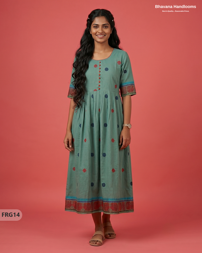 Summer Special Premium Cotton Handloom Frock with Woven Design | Muted Eucalyptus Colour