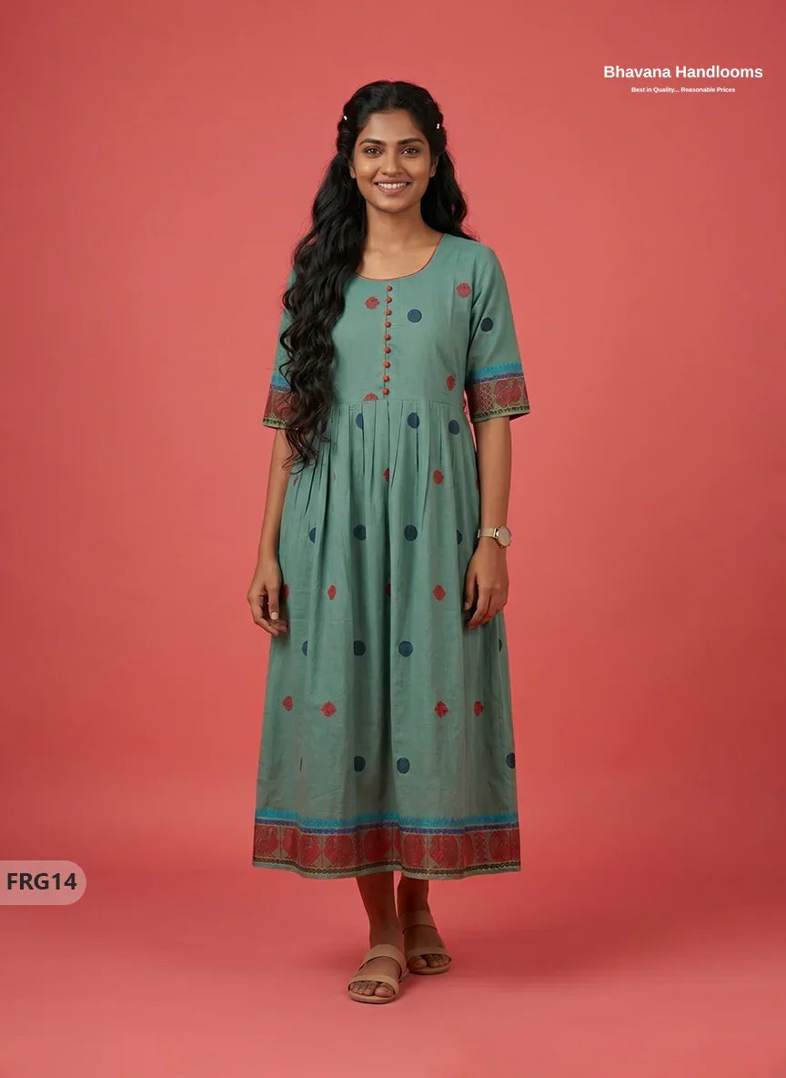 Summer Special Premium Cotton Handloom Frock with Woven Design | Muted Eucalyptus Colour