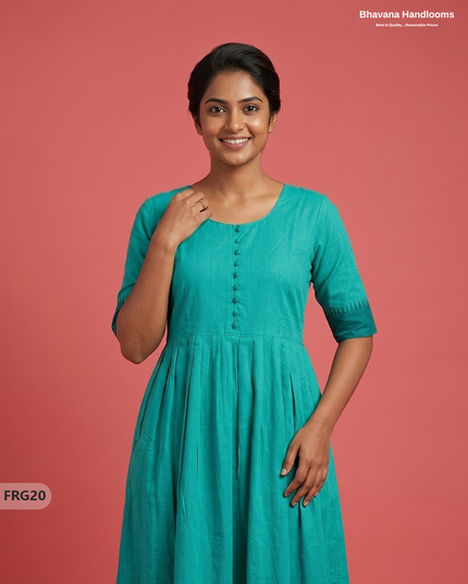 Summer Special Premium Cotton Handloom Frock with Woven Design | Parrot Turquoise Green Colour