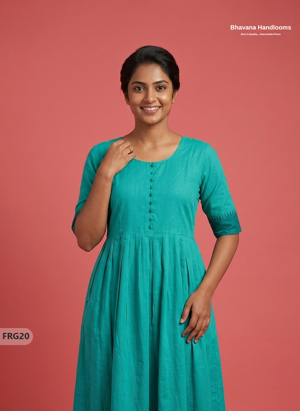 Summer Special Premium Cotton Handloom Frock with Woven Design | Parrot Turquoise Green Colour