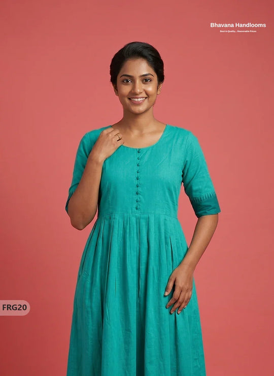 Summer Special Premium Cotton Handloom Frock with Woven Design | Parrot Turquoise Green Colour
