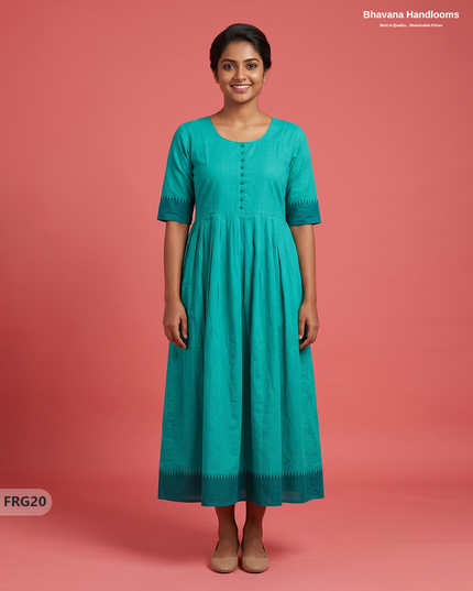 Summer Special Premium Cotton Handloom Frock with Woven Design | Parrot Turquoise Green Colour