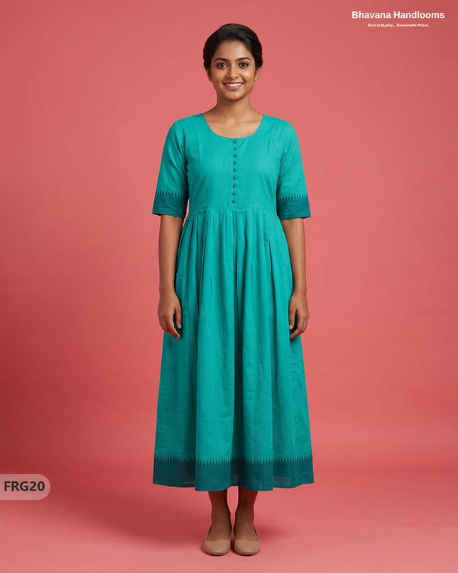 Summer Special Premium Cotton Handloom Frock with Woven Design | Parrot Turquoise Green Colour