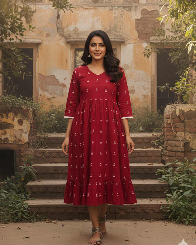 Premium Red Cotton Frock – Elegant Party & Casual Wear Dress