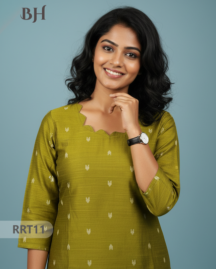 Designer Raw Silk Straight Cut Top in Green | Cut Work Neck | Full-Length Lining