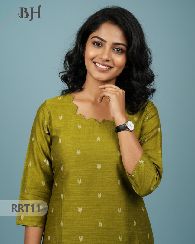 Designer Raw Silk Straight Cut Top in Green | Cut Work Neck | Full-Length Lining