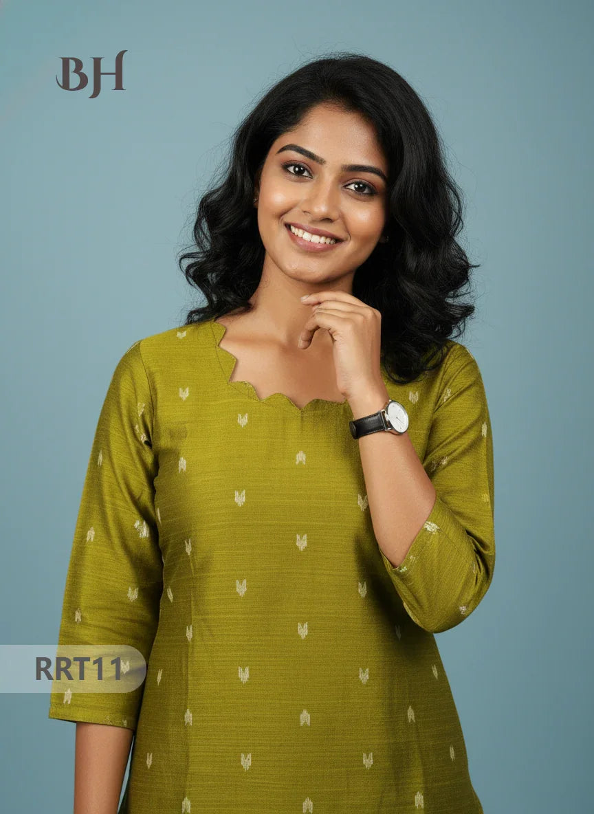 Designer Raw Silk Straight Cut Top in Green | Cut Work Neck | Full-Length Lining