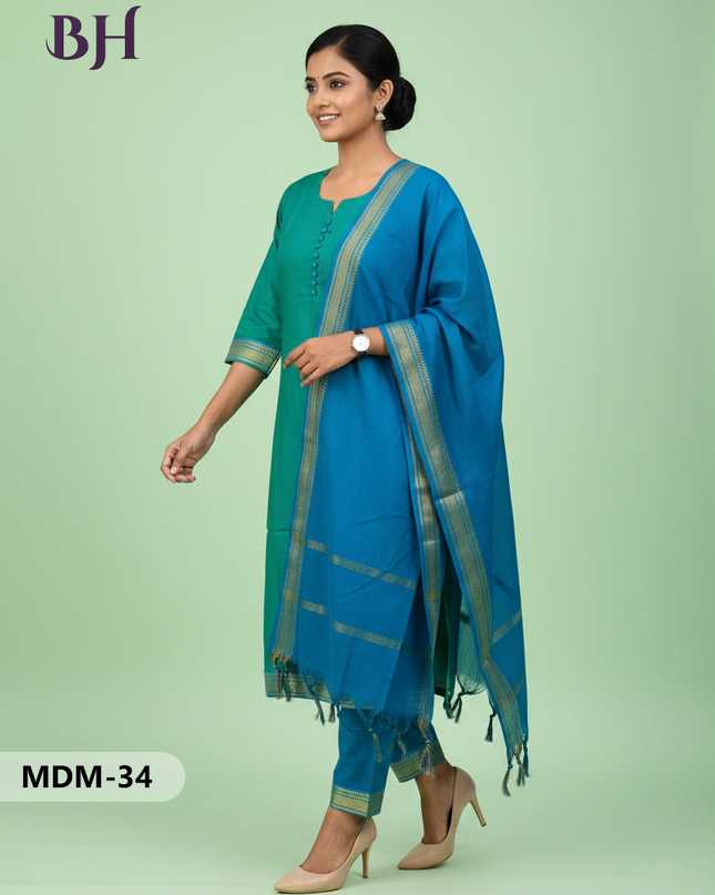 Mangalagiri Cotton 3PC Set – Sea Green | Full-Length Lining | Handloom Ethnic Wear