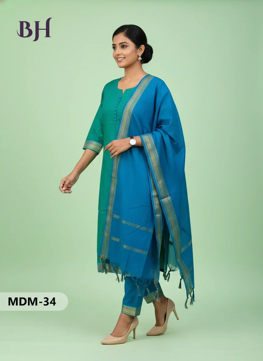 Mangalagiri Cotton 3PC Set – Sea Green | Full-Length Lining | Handloom Ethnic Wear
