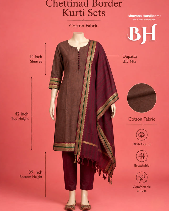 Pure Handloom Kurti Set with Chettinadu Border & Potli Balls | Onion Pink Colour Ethnic Wear