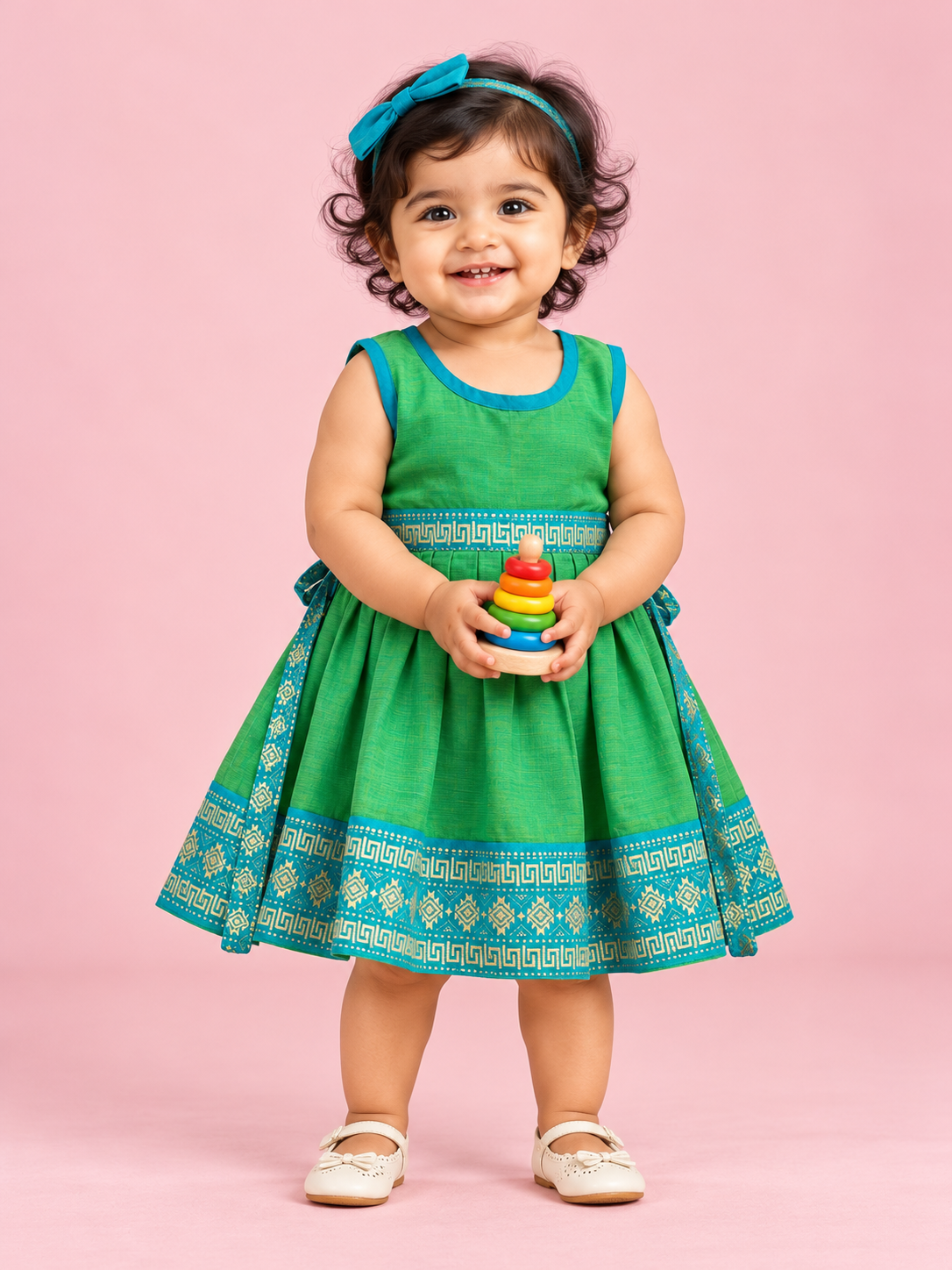 Green & Turquoise Border Baby Frock for Girls – 1 to 3 Years – photo 1