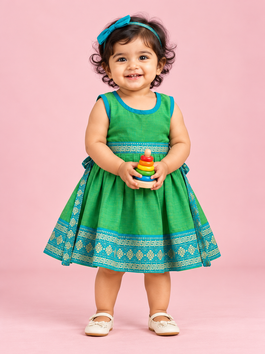 Green & Turquoise Border Baby Frock for Girls – 1 to 3 Years – photo 1