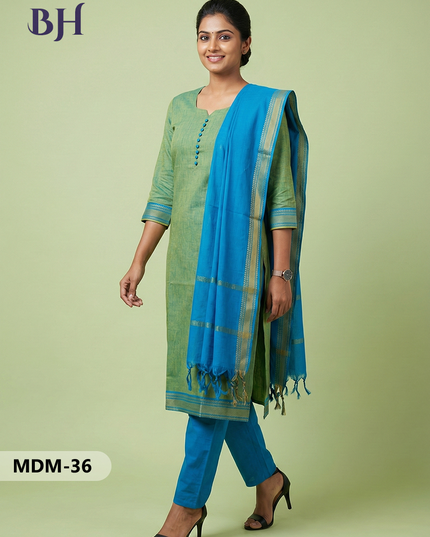 Mangalagiri Cotton 3PC Set – Parrot Green | Full-Length Lining | Handloom Ethnic Wear