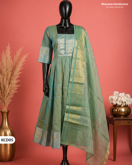 Premium Kanchi Cotton 2PC Frock Set in Mint Green with Dupatta | Elegant Traditional Wear
