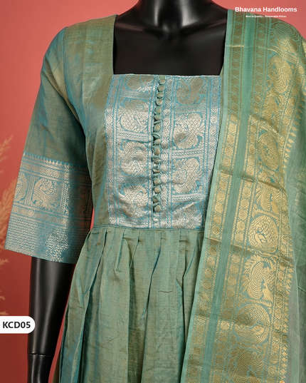 Premium Kanchi Cotton 2PC Frock Set in Mint Green with Dupatta | Elegant Traditional Wear