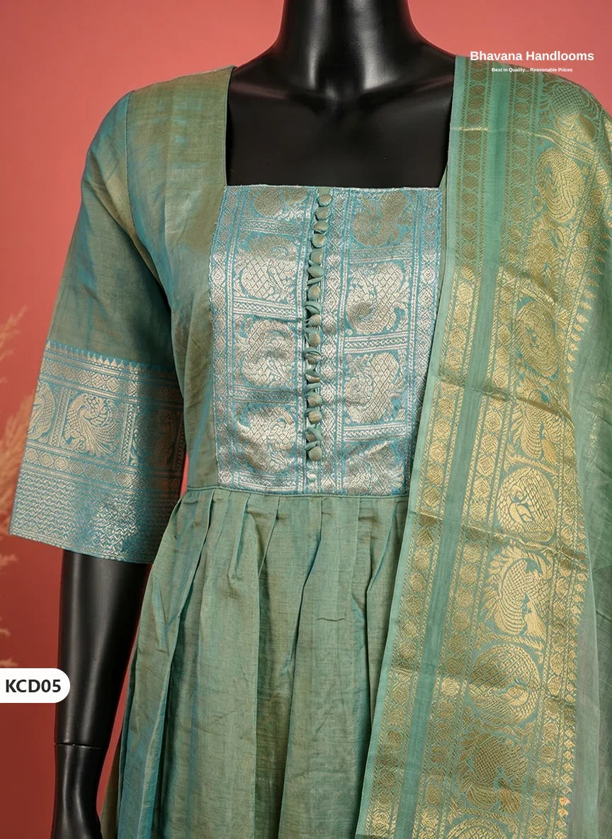 Premium Kanchi Cotton 2PC Frock Set in Mint Green with Dupatta | Elegant Traditional Wear