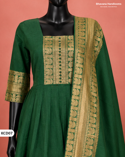 Premium Kanchi Cotton 2PC Frock Set in Emerald Green with Dupatta | Elegant Traditional Wear