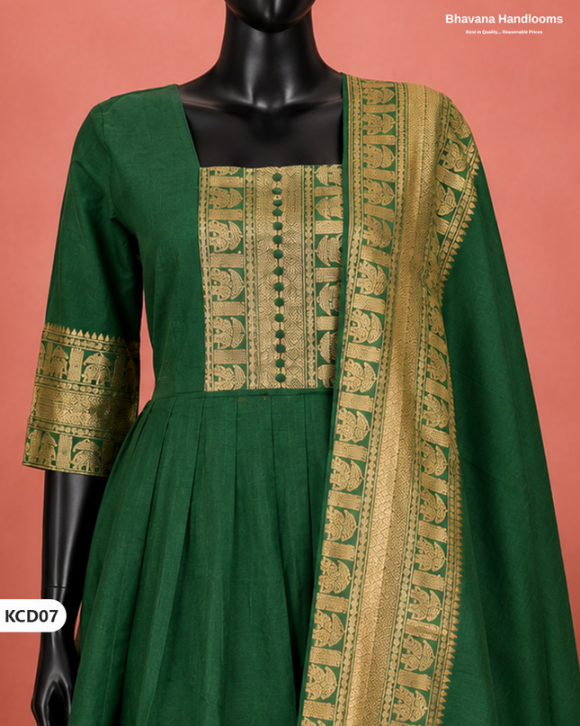 Premium Kanchi Cotton 2PC Frock Set in Emerald Green with Dupatta | Elegant Traditional Wear