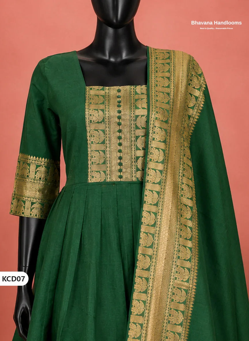 Premium Kanchi Cotton 2PC Frock Set in Emerald Green with Dupatta | Elegant Traditional Wear