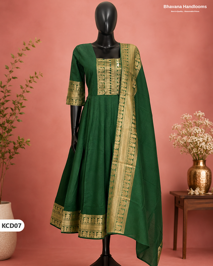 Premium Kanchi Cotton 2PC Frock Set in Emerald Green with Dupatta | Elegant Traditional Wear