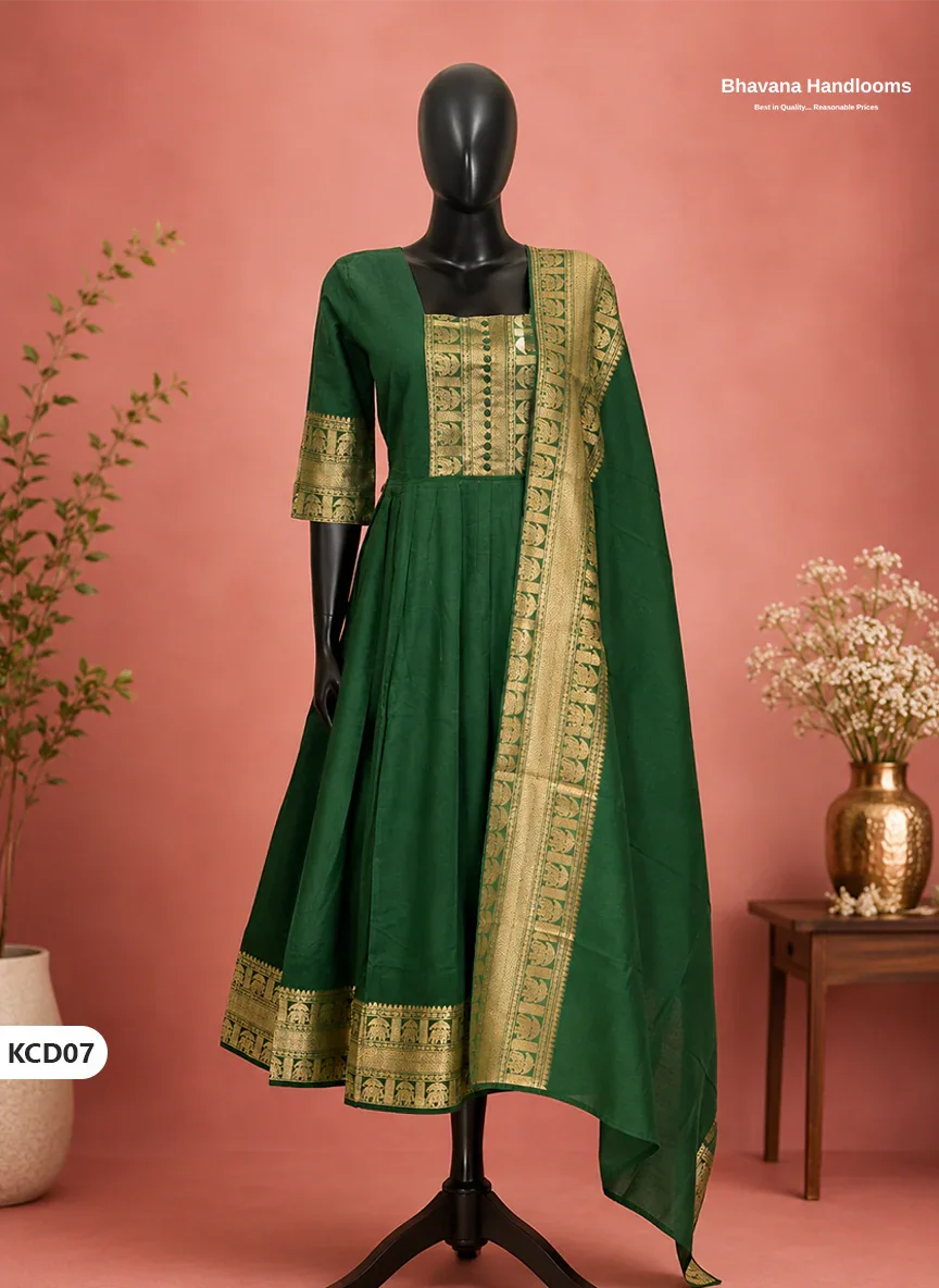 Premium Kanchi Cotton 2PC Frock Set in Emerald Green with Dupatta | Elegant Traditional Wear