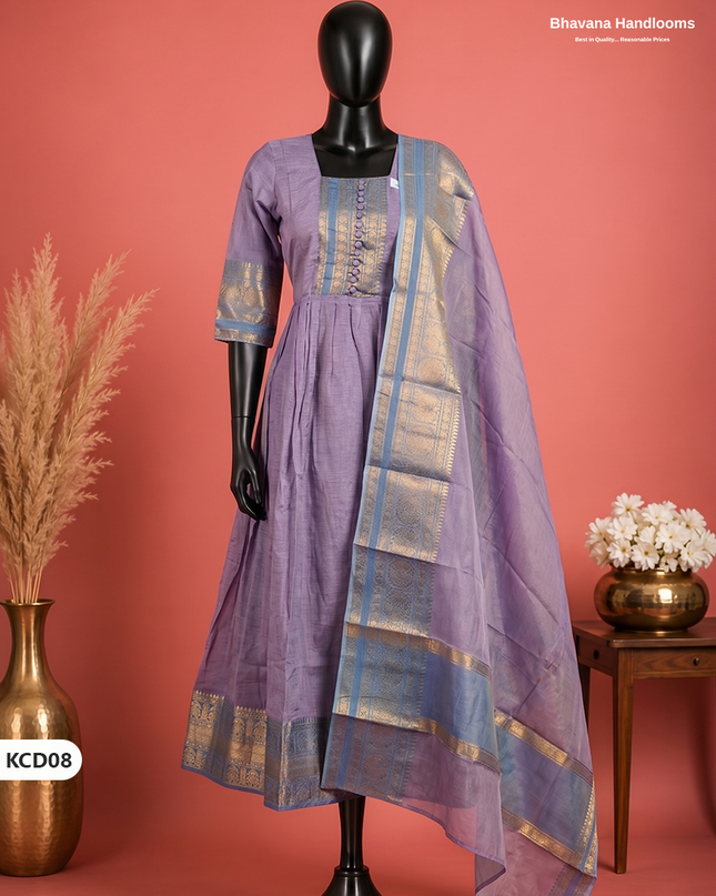 Premium Kanchi Cotton 2PC Frock Set in Lavender Purple with Dupatta | Elegant Traditional Wear