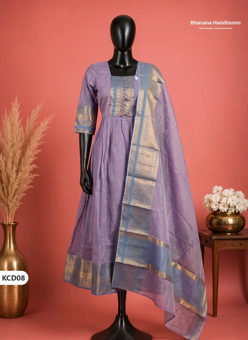 Premium Kanchi Cotton 2PC Frock Set in Lavender Purple with Dupatta | Elegant Traditional Wear