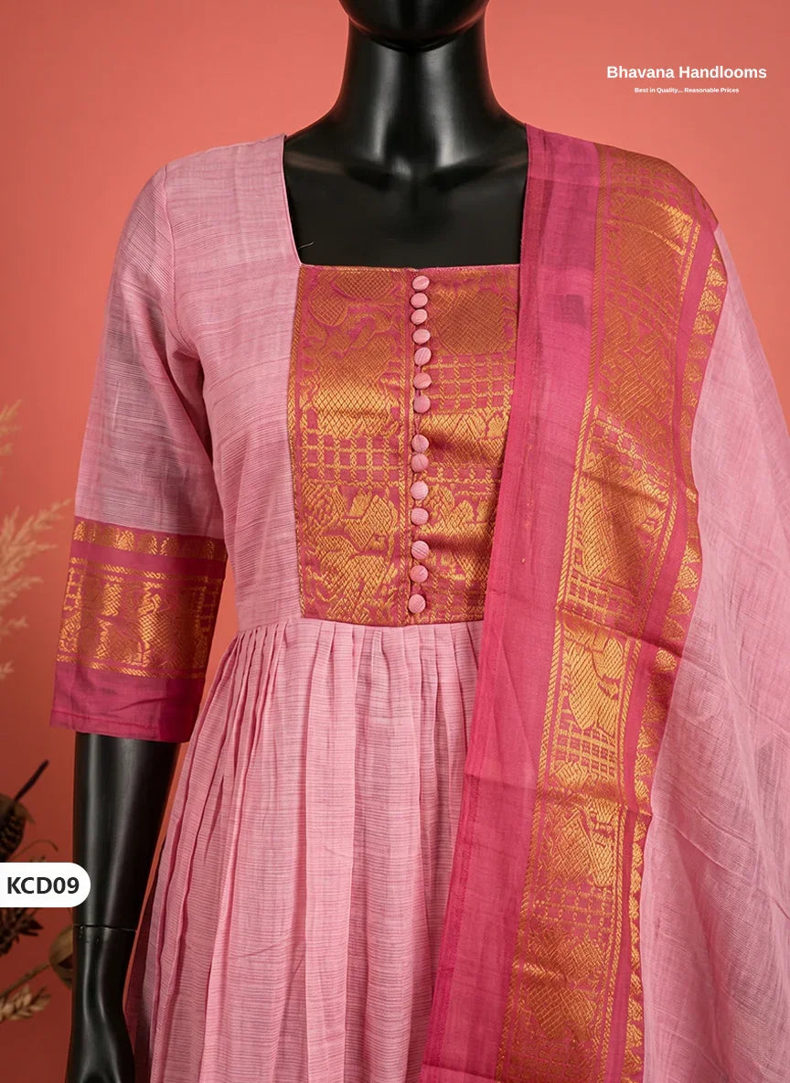 Premium Kanchi Cotton 2PC Frock Set in Soft Rose Pink with Dupatta | Elegant Traditional Wear