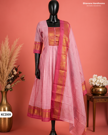 Premium Kanchi Cotton 2PC Frock Set in Soft Rose Pink with Dupatta | Elegant Traditional Wear