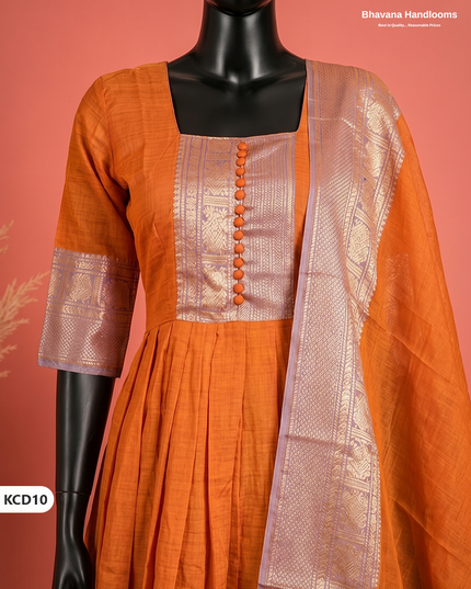 Premium Kanchi Cotton 2PC Frock Set in Orange with Dupatta | Elegant Traditional Wear