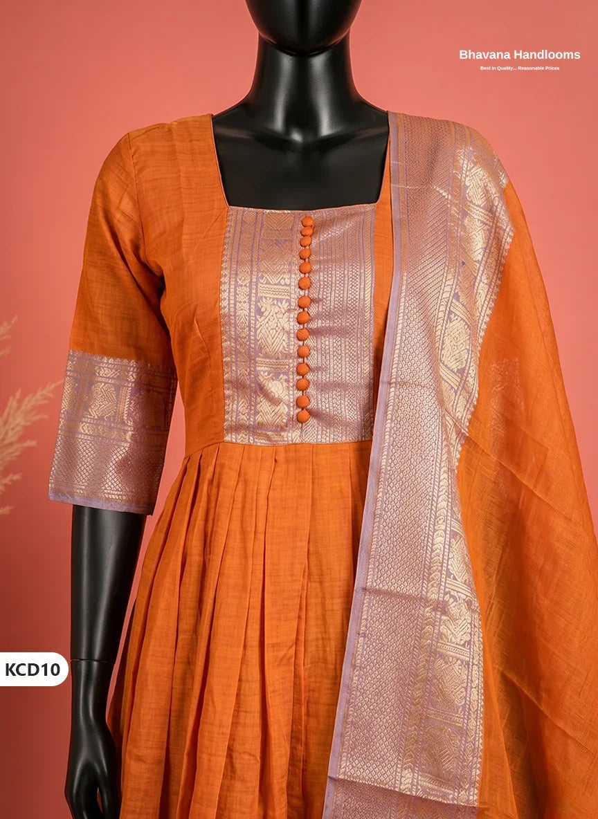 Premium Kanchi Cotton 2PC Frock Set in Orange with Dupatta | Elegant Traditional Wear