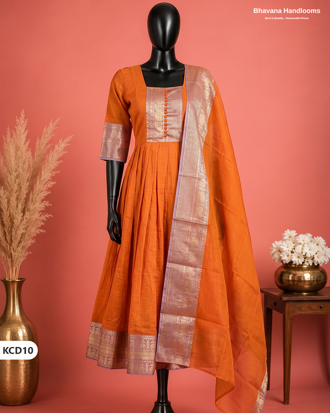 Premium Kanchi Cotton 2PC Frock Set in Orange with Dupatta | Elegant Traditional Wear