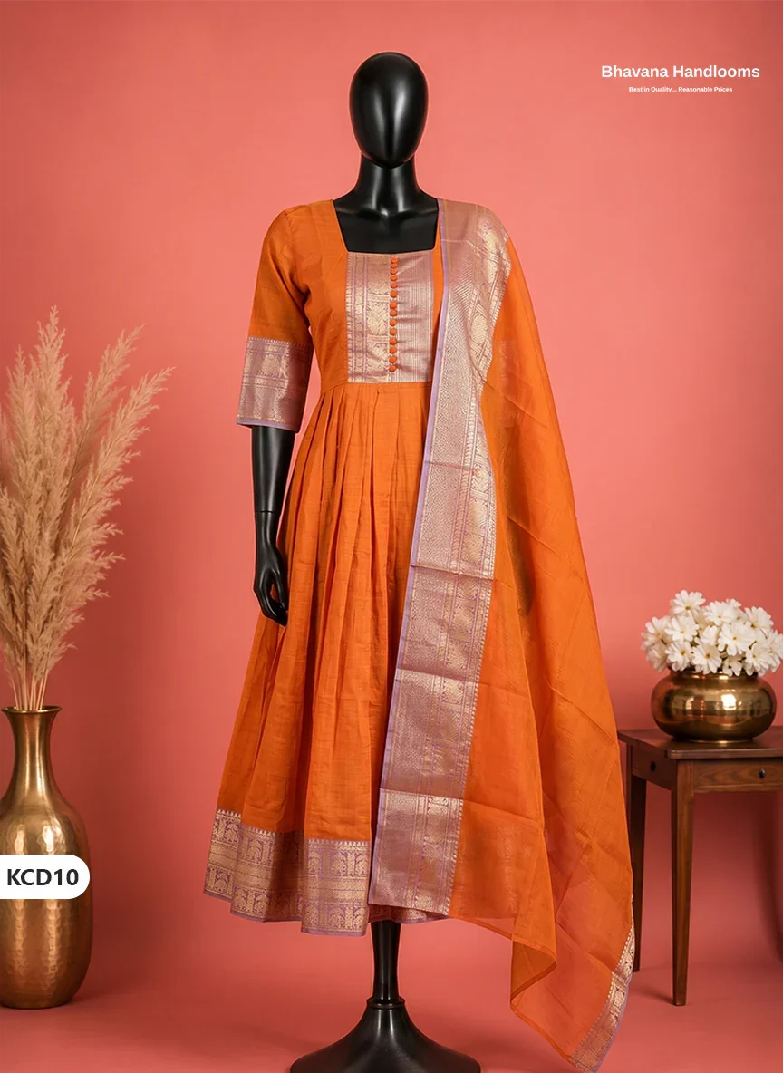 Premium Kanchi Cotton 2PC Frock Set in Orange with Dupatta | Elegant Traditional Wear