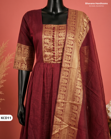 Premium Kanchi Cotton 2PC Frock Set in Crimson Maroon with Dupatta | Elegant Traditional Wear