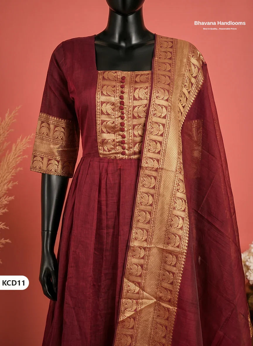 Premium Kanchi Cotton 2PC Frock Set in Crimson Maroon with Dupatta | Elegant Traditional Wear