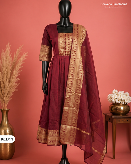 Premium Kanchi Cotton 2PC Frock Set in Crimson Maroon with Dupatta | Elegant Traditional Wear